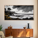 Stormy Coast, Dramatic Sky, Black and White Seascape, Framed Canvas Print, Coastal Wall Art, Large Landscape, Entryway Decor, Moody Art