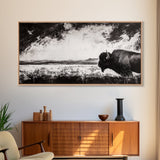 Bison Landscape, Western Art, Black and White Buffalo, Rustic Home Decor, Southwestern Wall Art, Nature Artwork, Framed Canvas Print