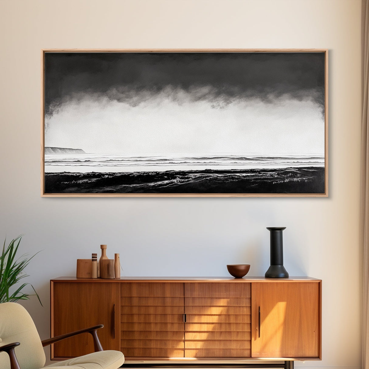 Foggy Ocean, Misty Beach, Black and White Minimalist, Canvas Print, Modern Wall Art, Bedroom Decor, Neutral Tones, Serene Seascape