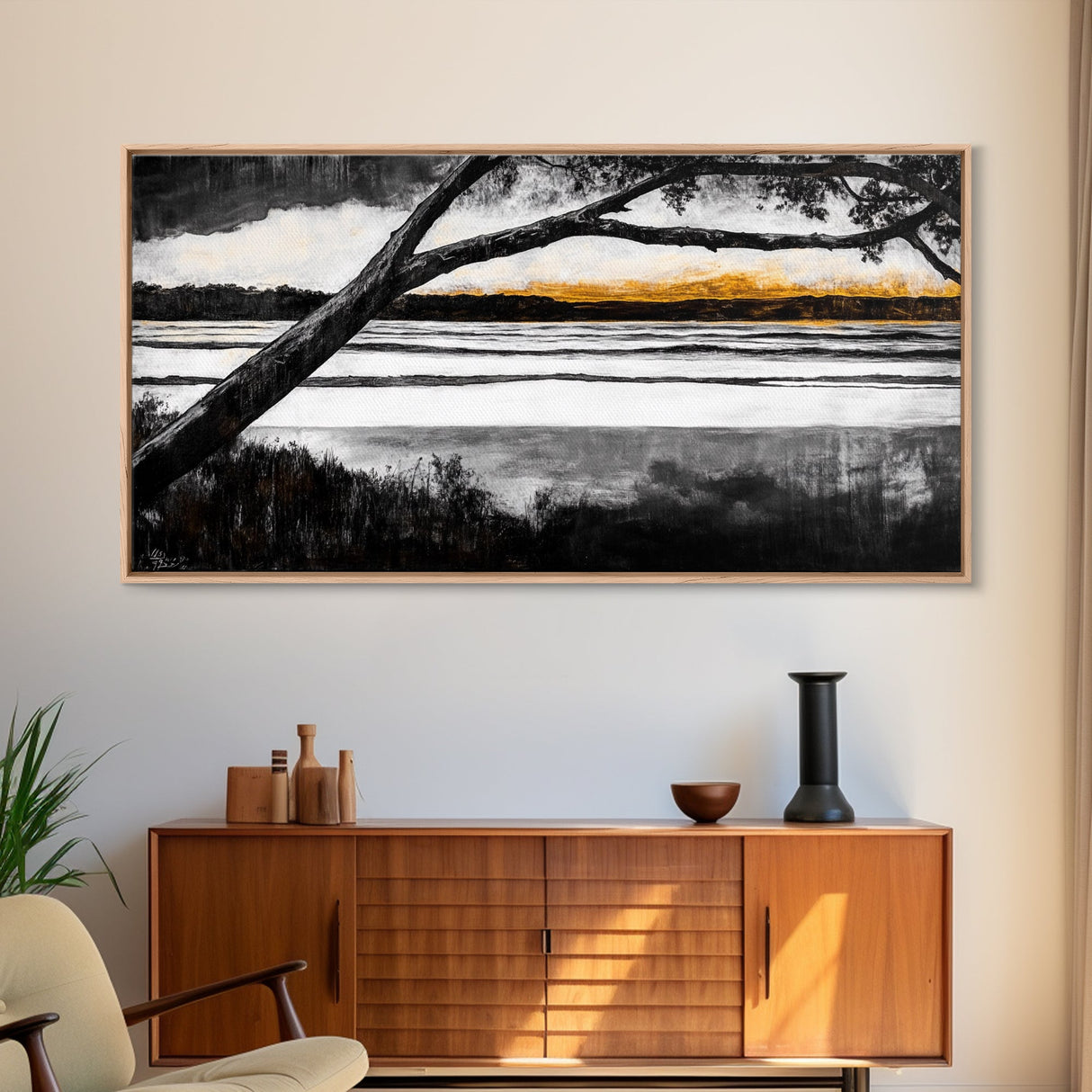 River Sunset, Golden Hour Reflection, Tranquil Waterscape, Moody Landscape Art, Nature Lover Gift, Canvas Print, Bedroom Wall Decor