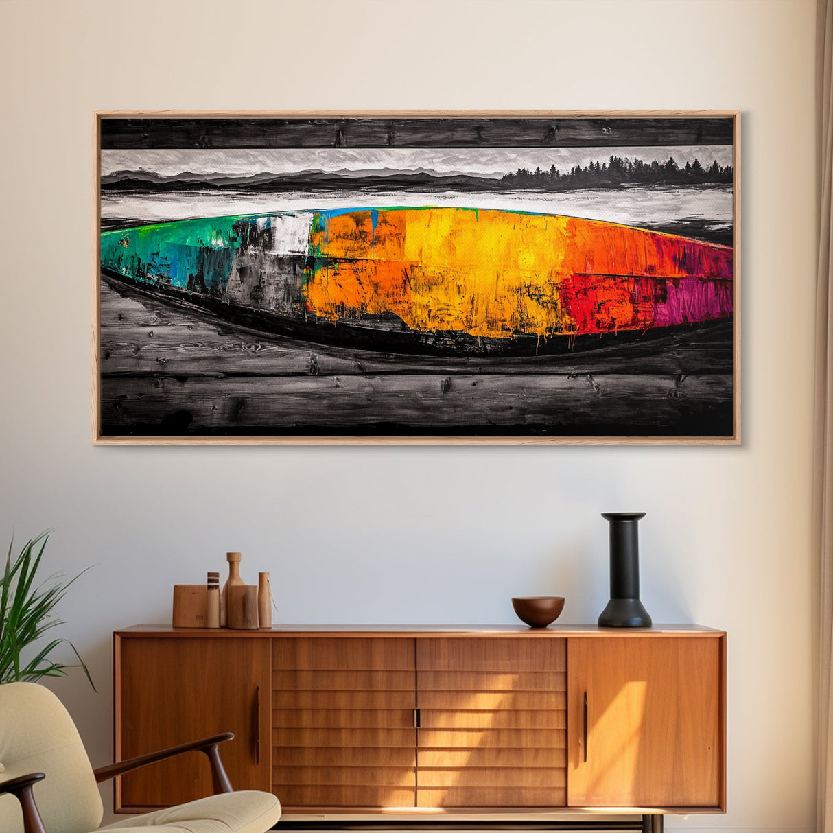 Abstract Canoe, Vibrant Boat Painting, Coastal Art, Modern Boho Decor, Colorful Wall Art, Framed Canvas Print, Dining Room Accent
