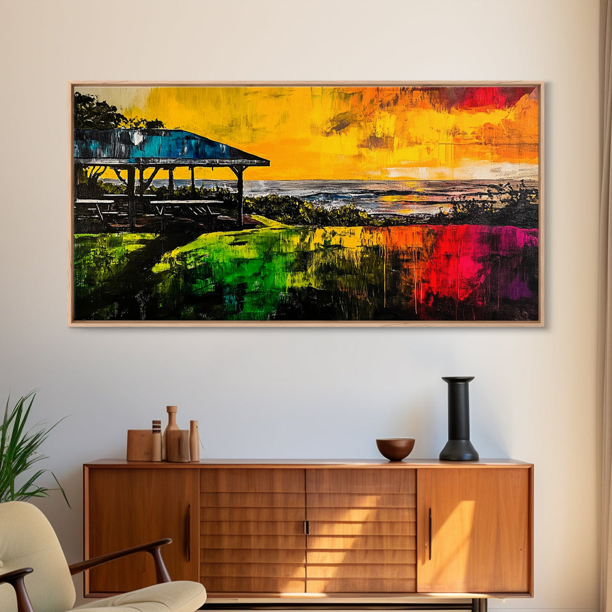 Sunset Pavilion, Coastal Art, Beach Painting, Framed Canvas Print, Vibrant Landscape, Ocean Sunset, Living Room Wall Art, Bold Colors