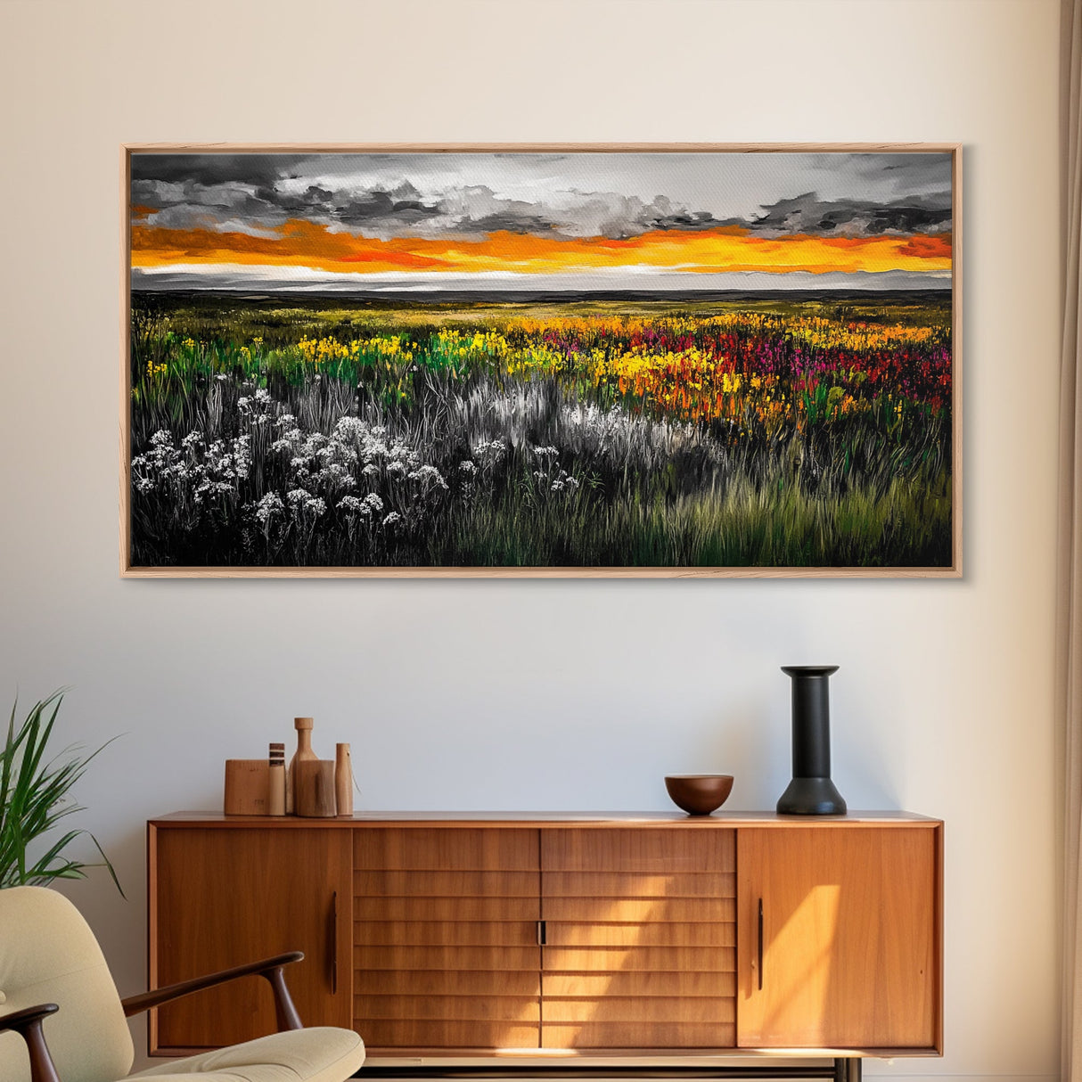 Vibrant Sunset, Colorful Sky, Wildflower Meadow, Framed Canvas Print, Fall Landscape, Nature Art, Living Room Decor, Rustic Warmth