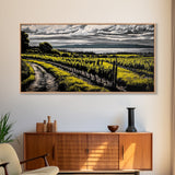 Vineyard View, Rolling Hills, Country Art, Framed Canvas Print, Rustic Landscape, Black White Yellow, Living Room Wall Art, Large Canvas