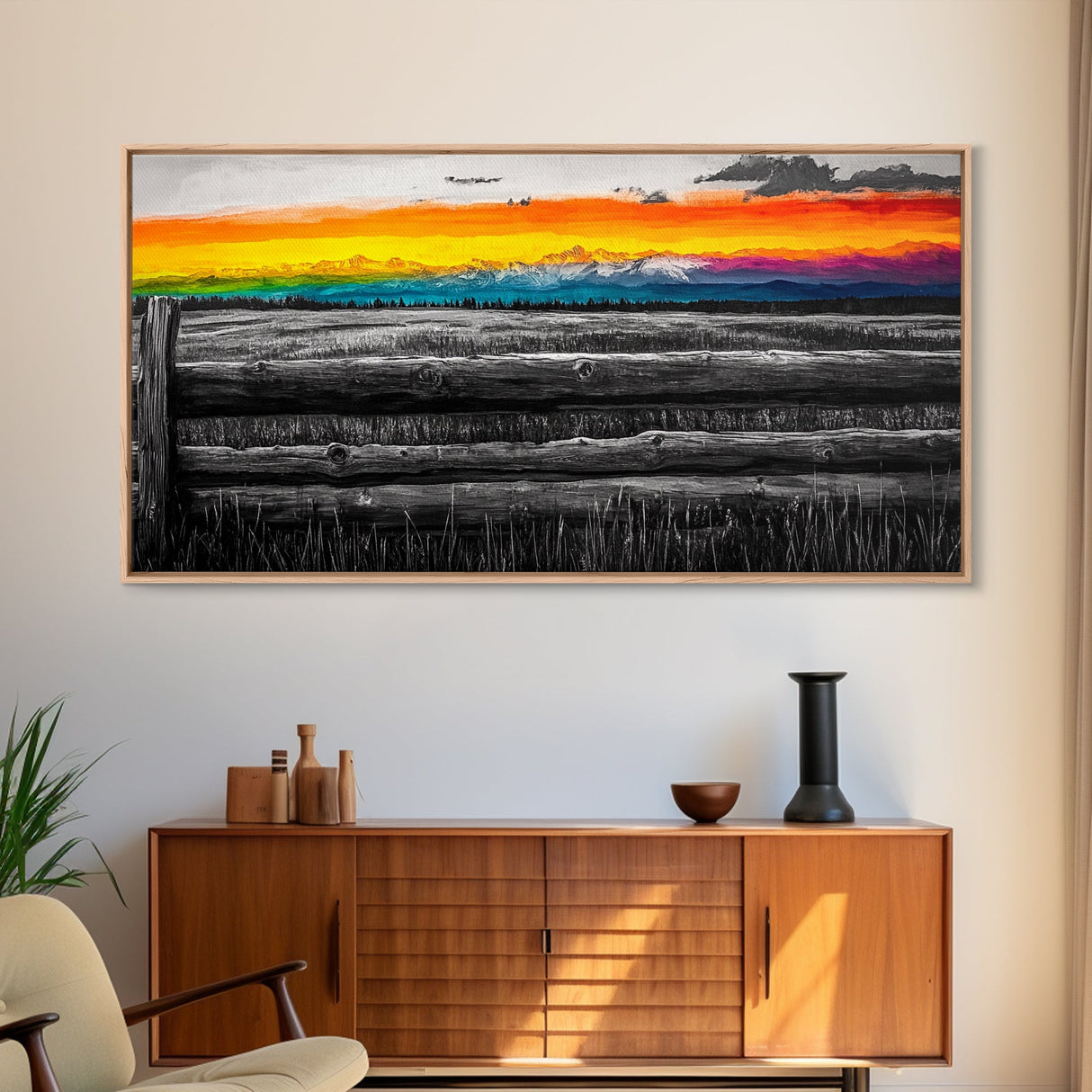 Mountain Sunset, Colorful Landscape, Rustic Wall Art, Cabin Decor, Nature Painting, Western Art, Large Wall Art, Framed Canvas Print
