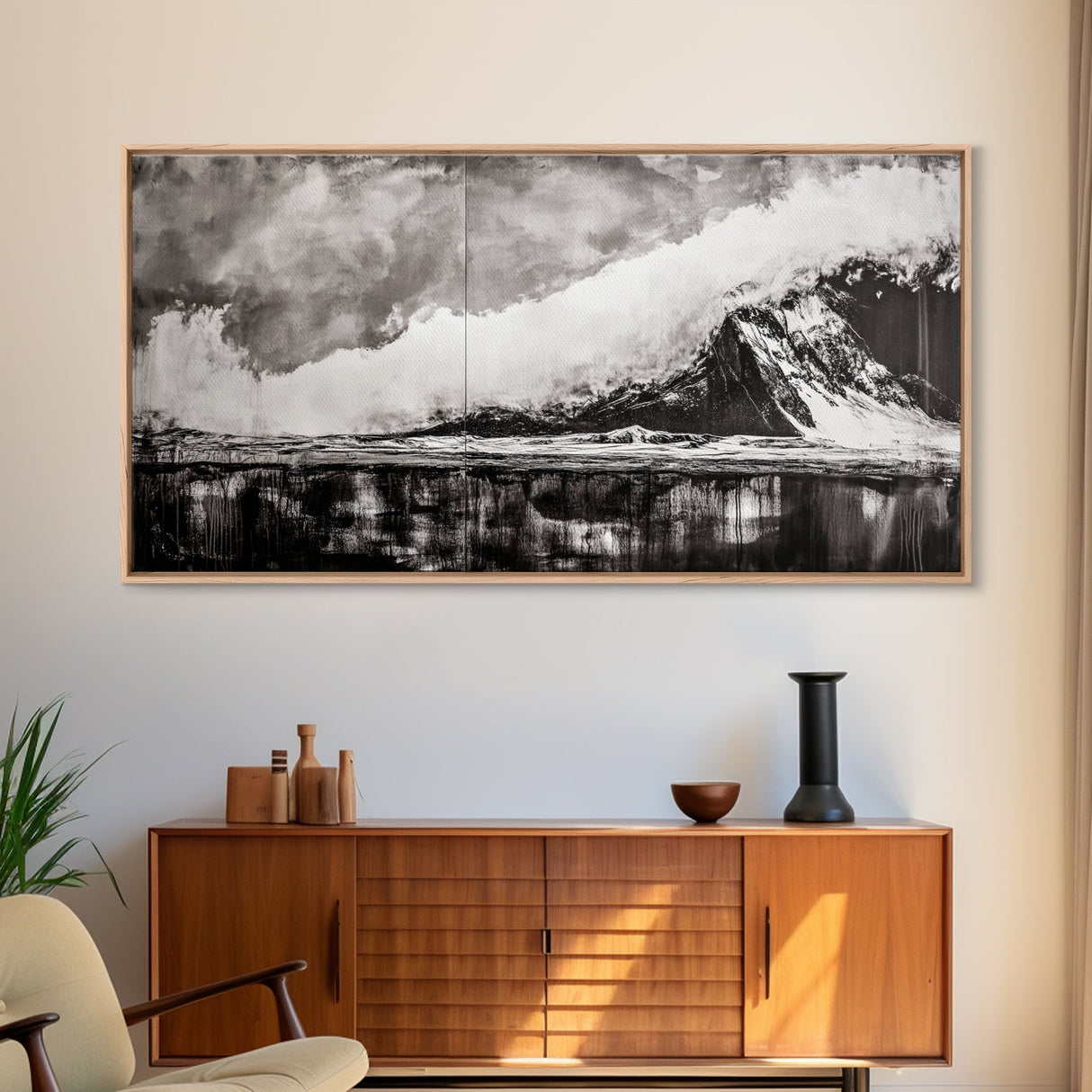 Monochrome Mountain, Dramatic Landscape, Black and White Art, Moody Wall Art, Modern Nature Print, Office Decor, Framed Canvas Print