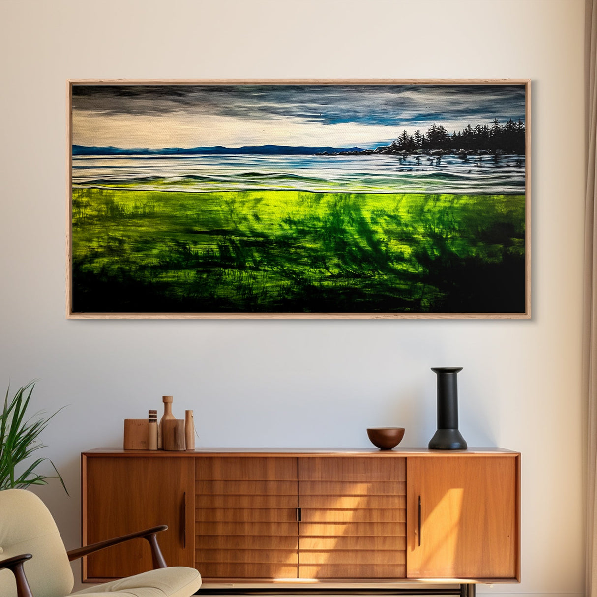 Coastal Reflection, Ocean Shore, Tranquil Seascape, Minimalist Beach Art, Nature Landscape Painting, Bedroom Wall Art, Framed Canvas Print