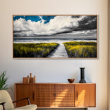 Beach Boardwalk, Coastal Landscape, Black and White Seascape, Nautical Decor, Living Room Artwork, Beach House Scene, Framed Canvas Print