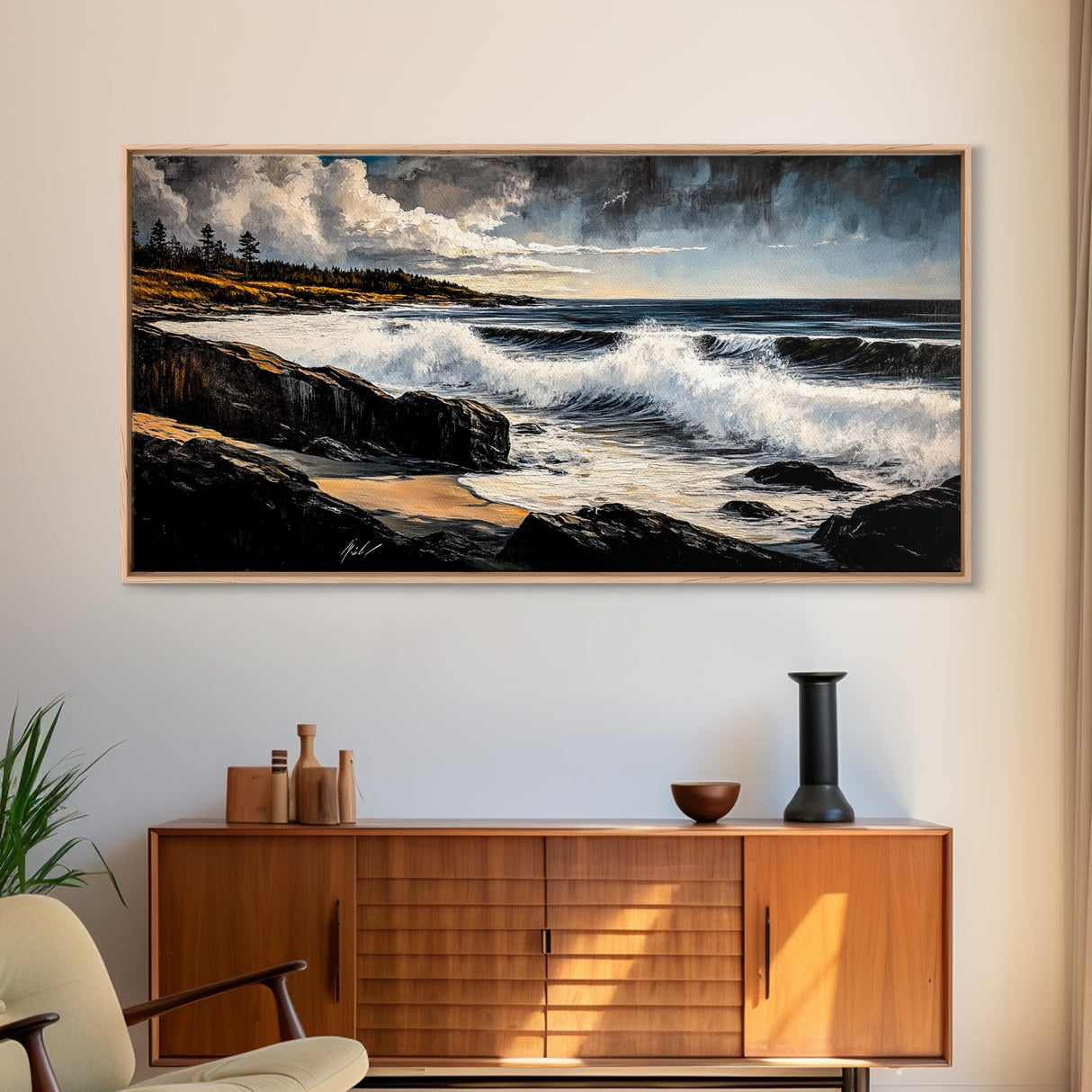 Stormy Waves, Dramatic Seascape, Moody Sky, Framed Canvas Print, Beach House Art, Living Room Wall Art, Modern Coastal Decor