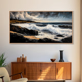 Stormy Waves, Dramatic Seascape, Moody Sky, Framed Canvas Print, Beach House Art, Living Room Wall Art, Modern Coastal Decor