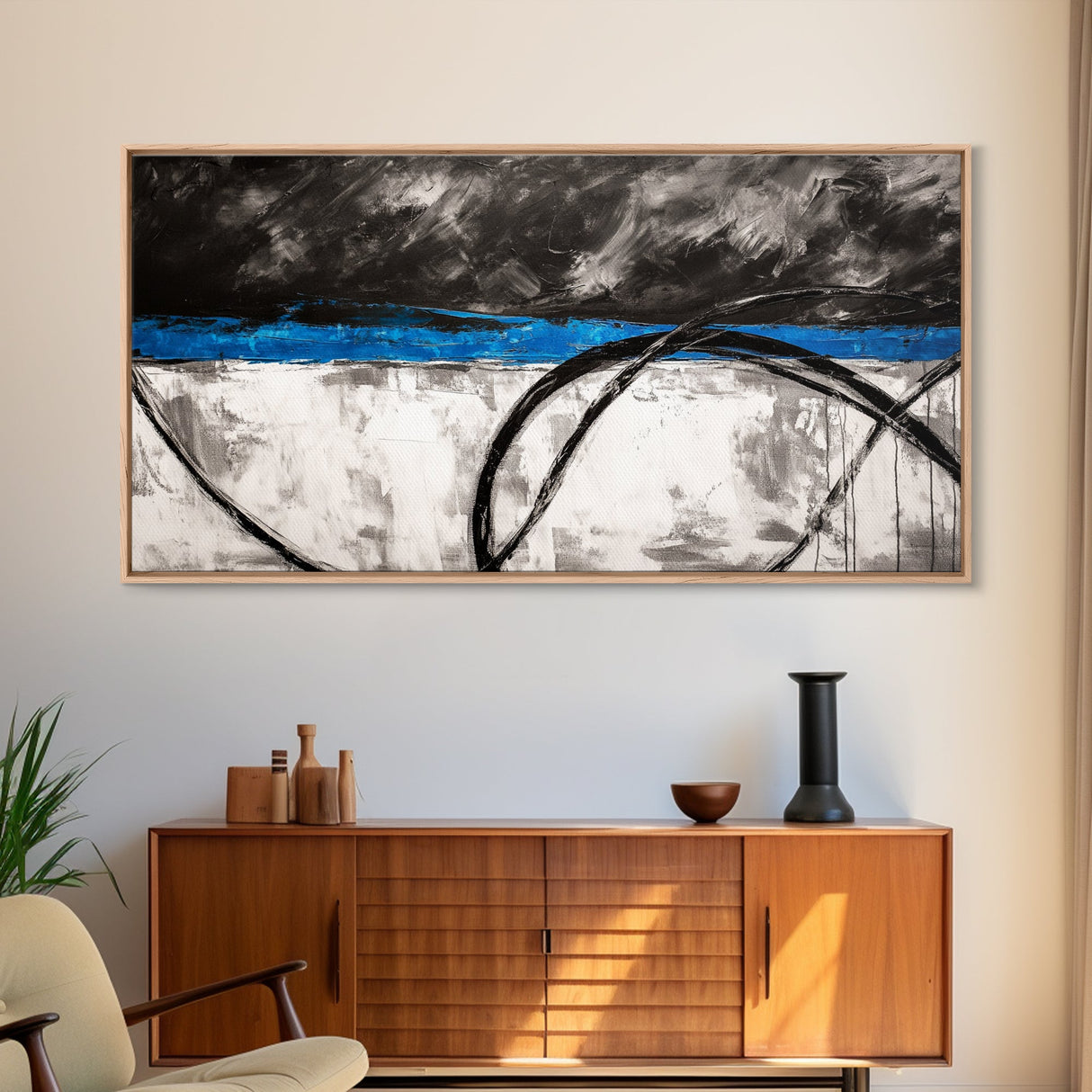 Blue Horizon, Abstract Lines, Framed Canvas Print, Minimalist Painting, Office Wall Art, Geometric Decor, Black and White Aesthetic