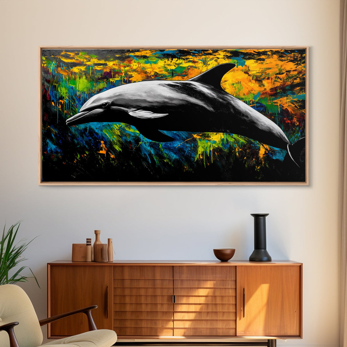 Dolphin, Ocean, Vibrant, Abstract, Framed Canvas Print, Colorful Sea Life Wall Art, Coastal Decor, Beach House Art, Nautical Theme