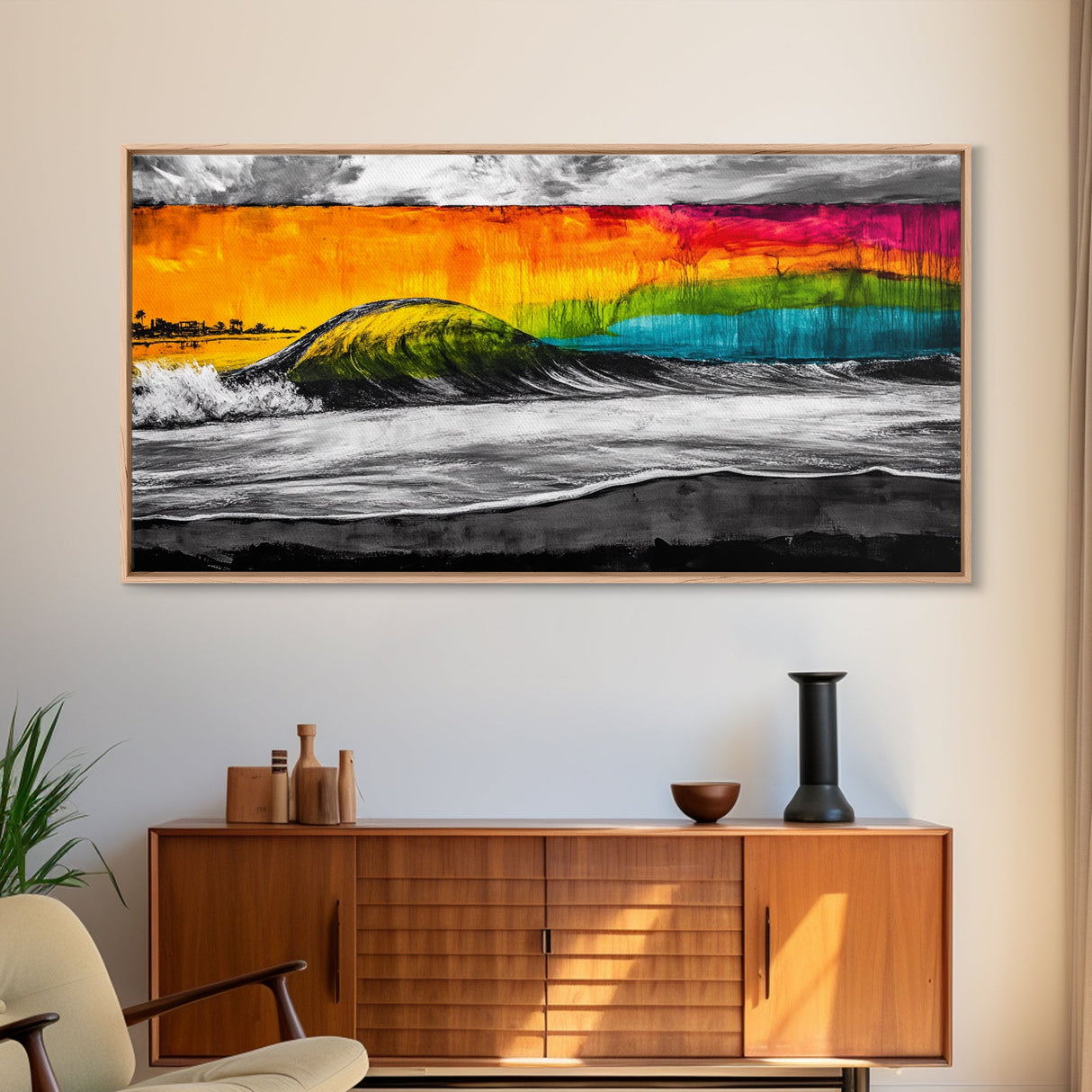 Colorful Wave, Tropical Sunset, Surf Art, Canvas Print, Beach Wall Art, Coastal Decor, Vibrant Ocean Painting, Framed Canvas Print, Large Wall Art