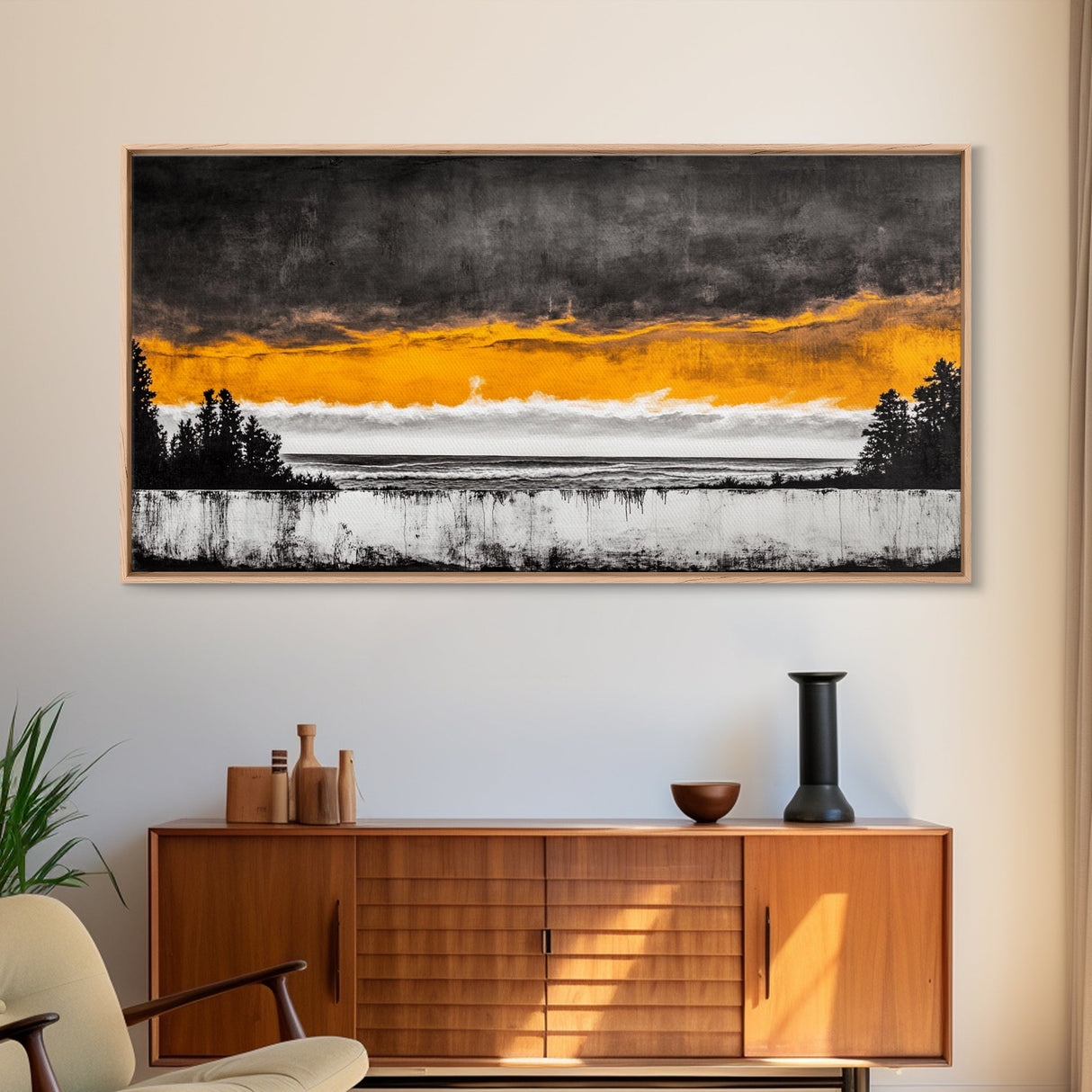 Sunset Over Ocean, Dramatic Sky, Coastal Landscape, Minimalist Wall Art, Beach Home Decor, Framed Canvas Print, Large Statement Art