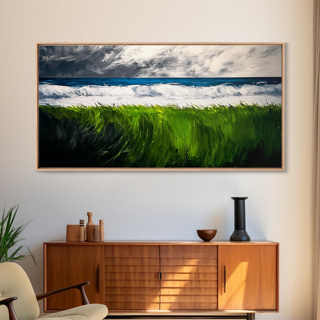 Ocean Waves, Beach Grass, Coastal Landscape, Serene Wall Art, Nature Inspired Home Decor, Framed Canvas Print, Living Room Art