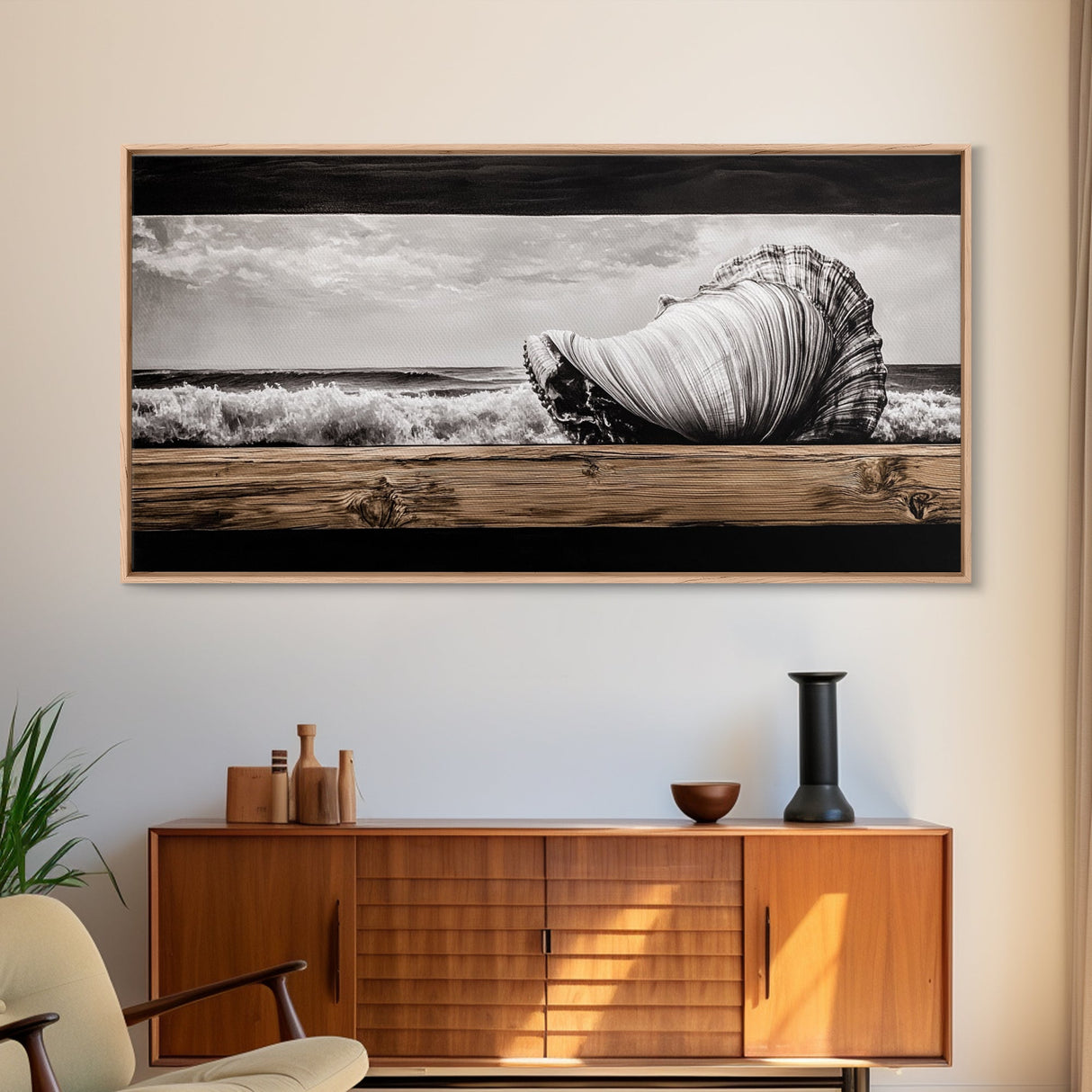 Seashell and Waves, Nautical Art, Coastal Beach Decor, Black and White Seascape, Ocean Home Art, Framed Canvas Print, Elegant Art
