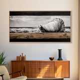 Seashell and Waves, Nautical Art, Coastal Beach Decor, Black and White Seascape, Ocean Home Art, Framed Canvas Print, Elegant Art