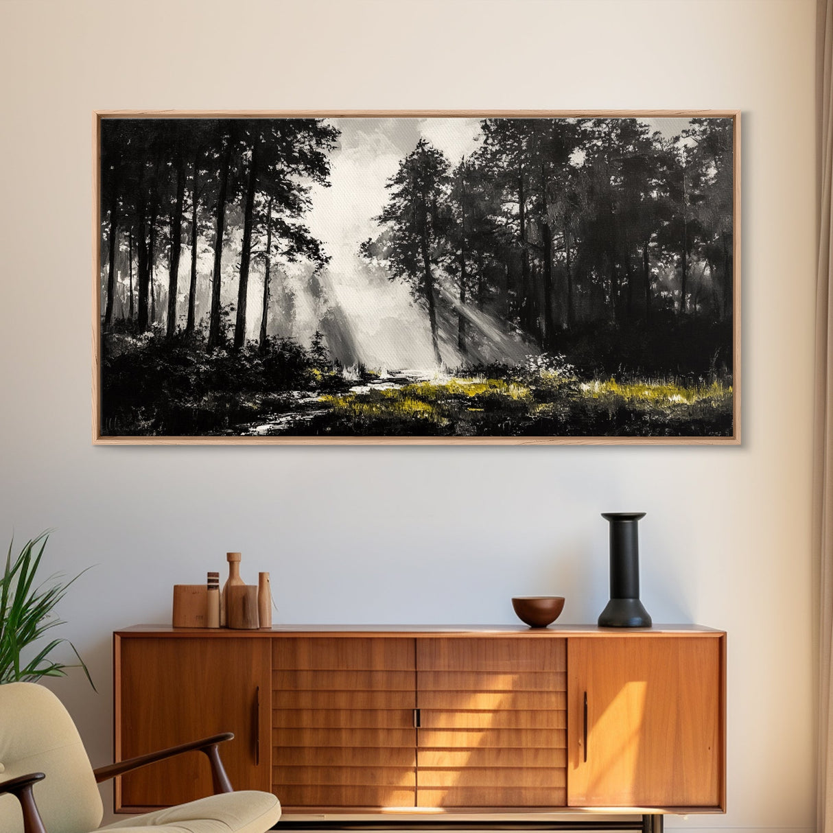 Misty Forest, Black and White, Nature Landscape, Framed Canvas Print, Tree Art, Moody Wall Decor, Rustic Cabin Art, Office Wall Art