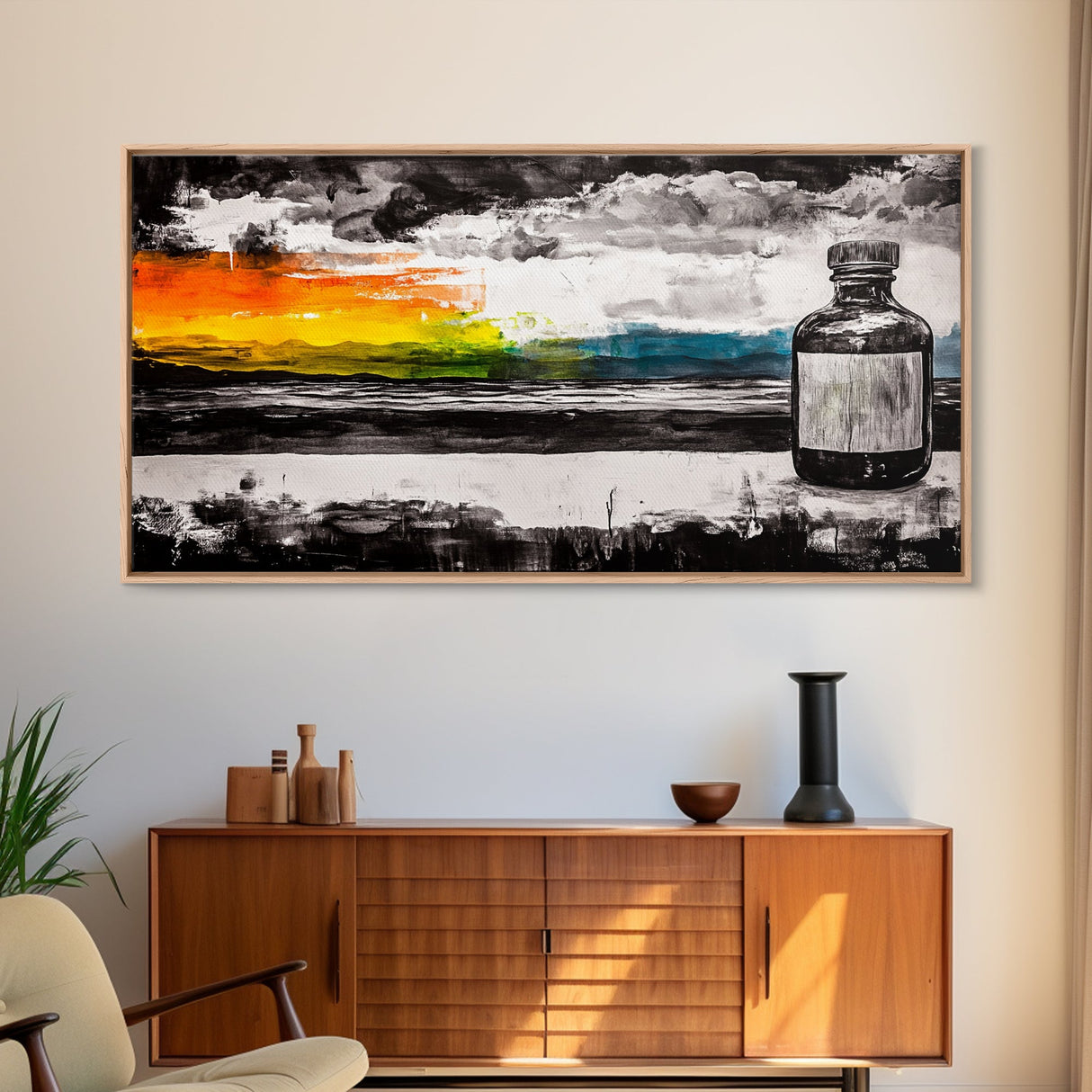 Medicine Bottle, Surreal Art, Sunset Print, Framed Canvas Print, Dreamy Landscape, Modern Wall Decor, Eclectic Art, Office Artwork