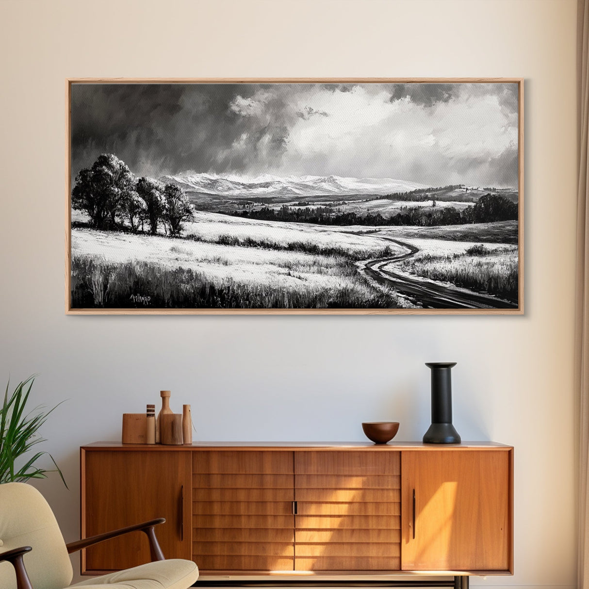 Winter Landscape, Black White, Scenic Country Road, Framed Canvas Print, Serene Nature Art, Rustic Wall Decor, Bedroom Artwork
