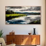 Serene River, Nature Landscape, Green Fields, Peaceful Wall Art, Modern Rustic Decor, Living Room Art, Scenic View, Canvas Print