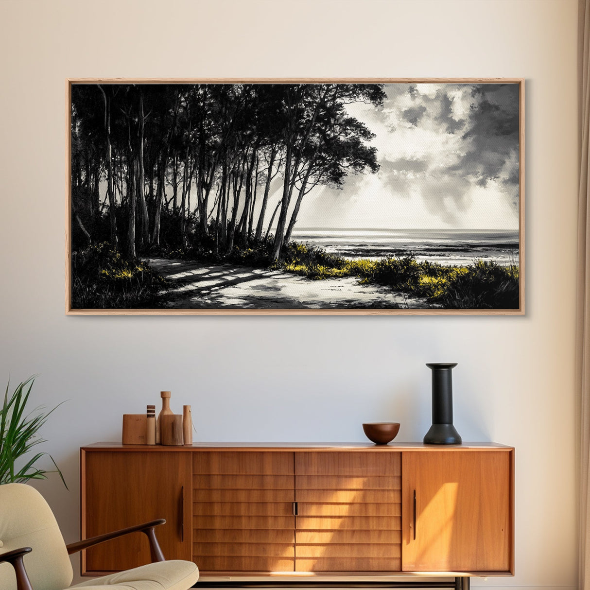 Forest Path, Coastal Landscape, Black and White Art, Tranquil Scene, Nature Wall Art, Minimalist Decor, Living Room, Canvas Print