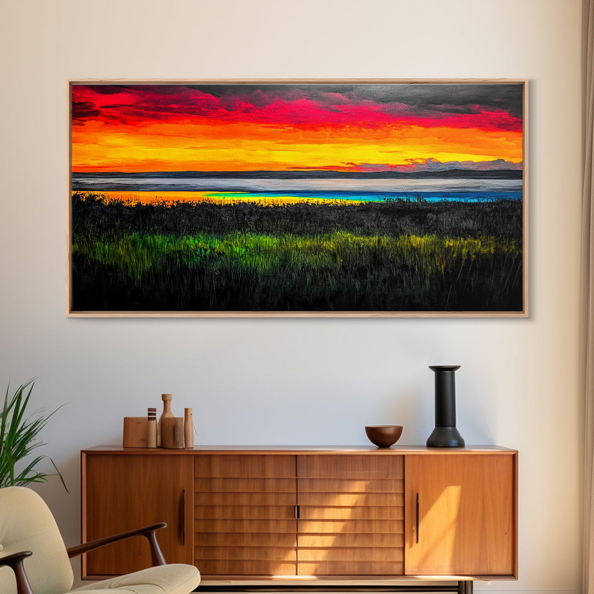 Colorful Sunset, Ocean Horizon, Bright Abstract, Vibrant Beach Art, Contemporary Landscape, Statement Piece, Canvas Print