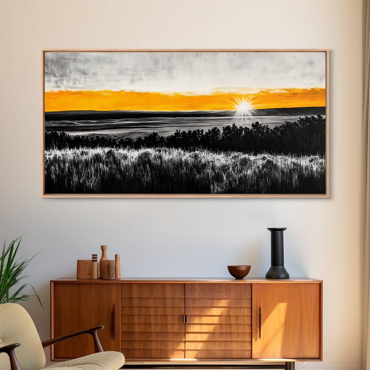 Sunrise Over Fields, Golden Light, Black and White Contrast, Tranquil Scene, Minimalist Wall Art, Warm Tones, Framed Canvas Print