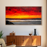 Red Sunset, Ocean Shore, Dramatic Sky, Bold Expressionist Art, Vibrant Landscape, Beach House Decor, Living Room, Canvas Print