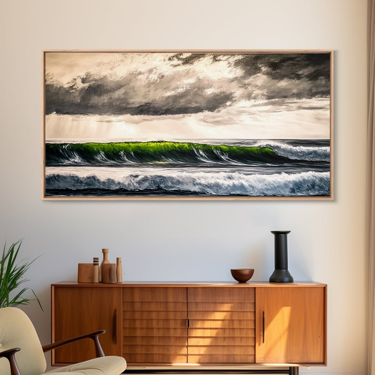 Green Wave, Stormy Ocean, Dramatic Canvas Print, Coastal Wall Art, Surfing Art, Minimalist Waves, Office Decor, Modern Seascape