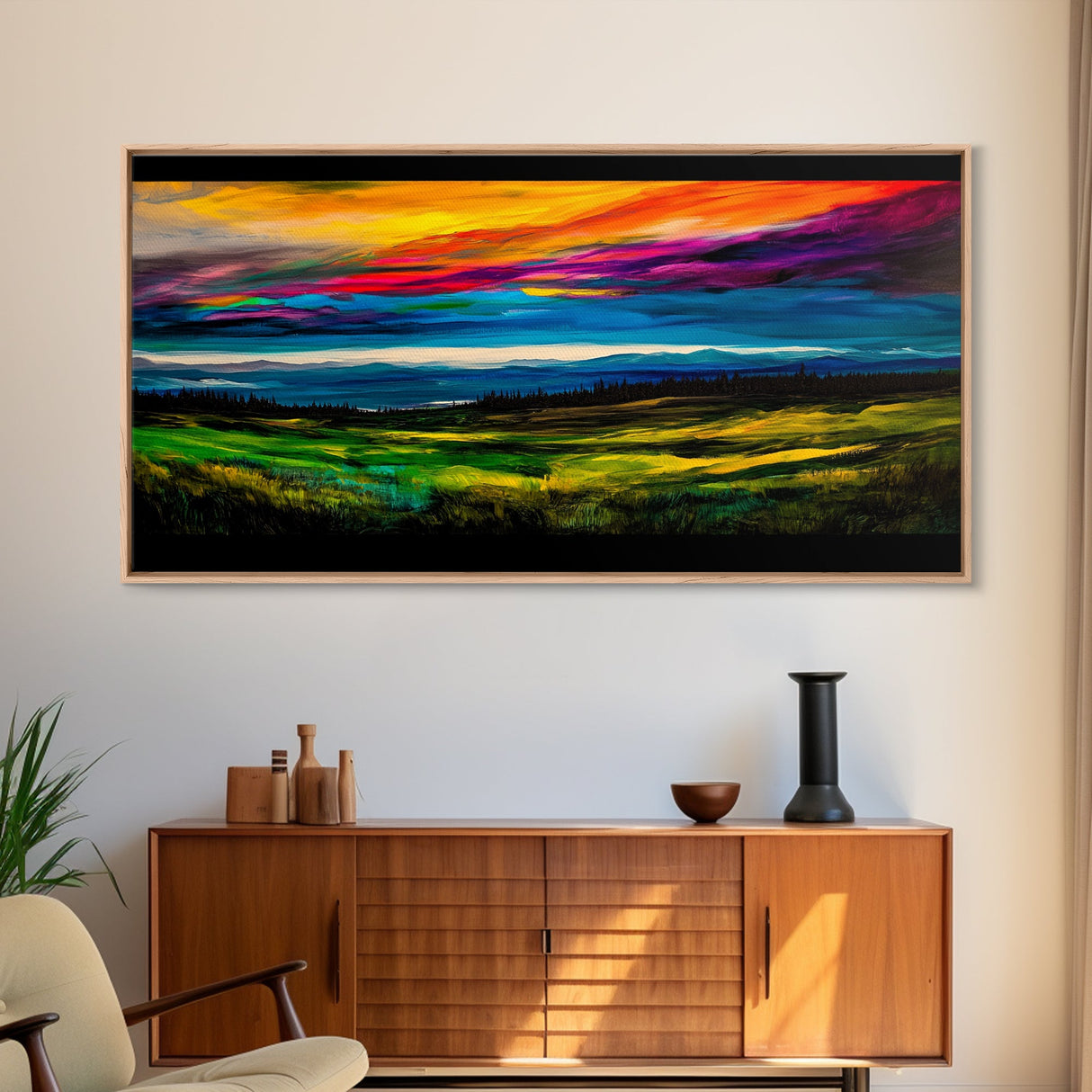 Mountain Sunset, Vibrant Colorful Sky, Nature Painting, Canvas Print, Boho Wall Art, Living Room Wall Art, Large Landscape Decor