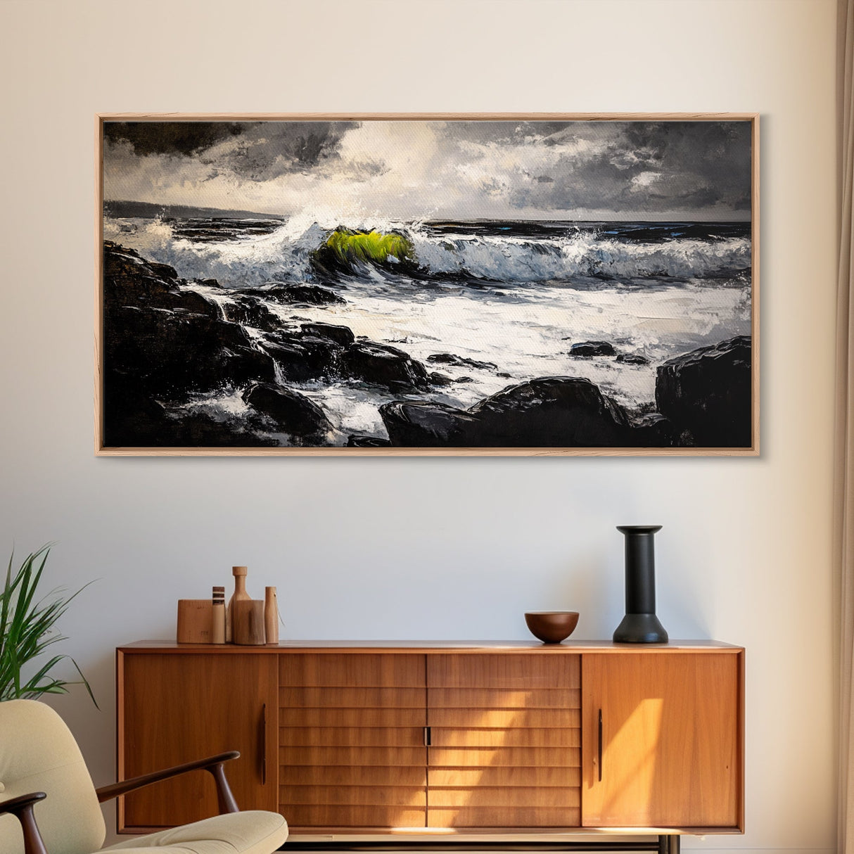 Stormy Sea, Coastal Waves, Nature Painting, Dramatic Seascape, Beach House Art, Framed Canvas Print, Living Room Decor, Ocean Landscape