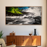 Wild Waves, Ocean Storm, Dramatic Seascape, Coastal Art, Beach House Decor, Framed Canvas Print, Black and White Wall Art, Nature Painting