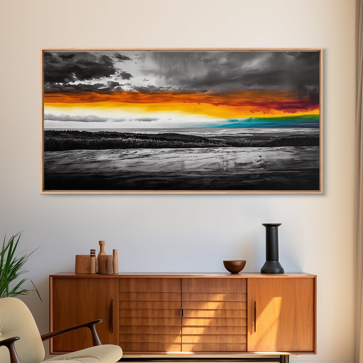 Sunset Horizon, Dramatic Sky, Abstract, Modern Nature Art, Living Room Wall Art, Framed Canvas Print, Colorful Painting, Scenic View