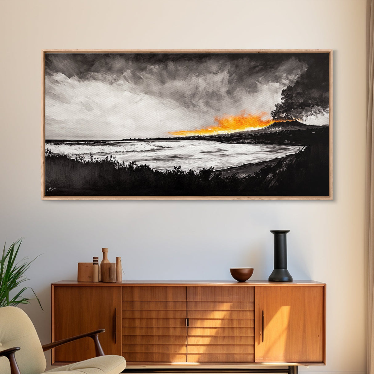 Volcano Eruption, Dramatic Landscape Art, Black and White Wall Art, Fiery Sunset Painting, Large Framed Canvas Print, Office Decor