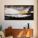 Volcano Eruption, Dramatic Landscape Art, Black and White Wall Art, Fiery Sunset Painting, Large Framed Canvas Print, Office Decor