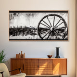 Wagon Wheel, Mountain Landscape, Black and White Western Art, Rustic Home Decor, Framed Canvas Print, Farmhouse Living Room Art