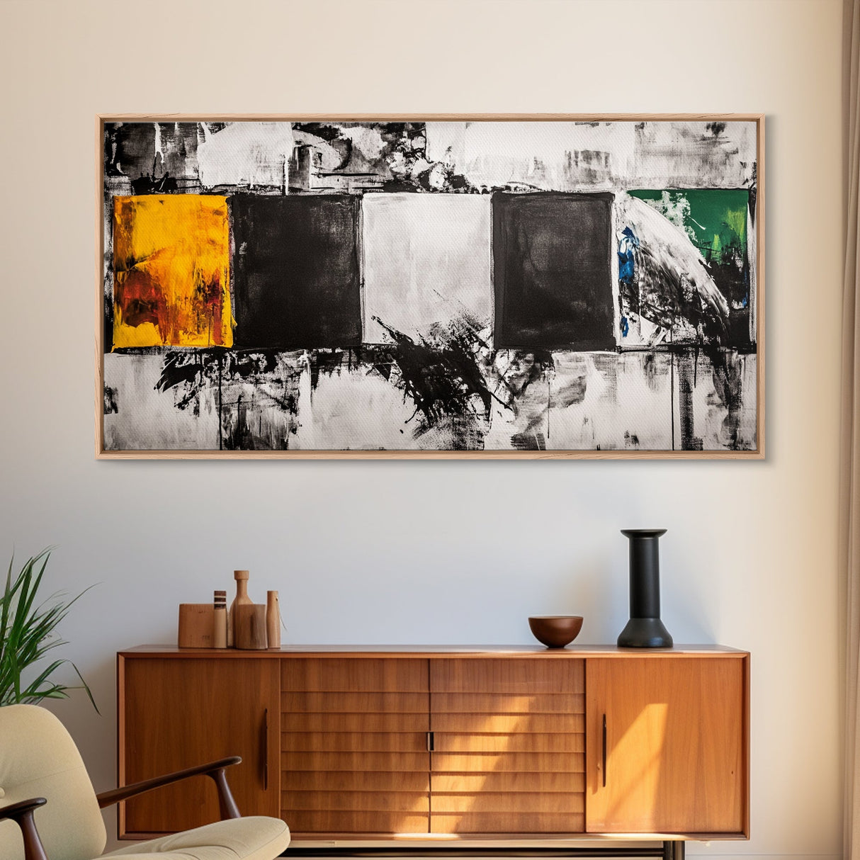 Abstract Blocks, Modern Geometric Art, Black and White Canvas Print, Colorful Wall Decor, Living Room Art, Framed Canvas Print