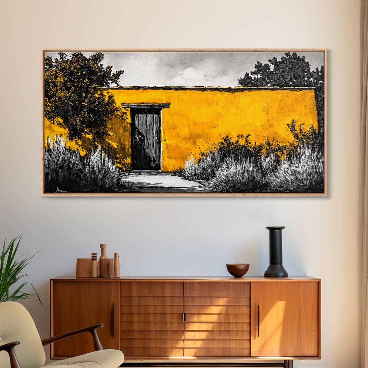 Adobe House, Southwestern Art, Yellow Wall Painting, Rustic Desert Decor, Black and White Canvas Print, Living Room Wall Art