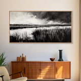 Marshland Landscape, Moody Black and White Art, Nature Wall Decor, Large Framed Canvas Print, Serene Wetlands Painting