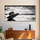 Woman at Beach, Black and White Wall Art, Minimalist Canvas Print, Modern Coastal Decor, Ocean View Art, Living Room Wall Art