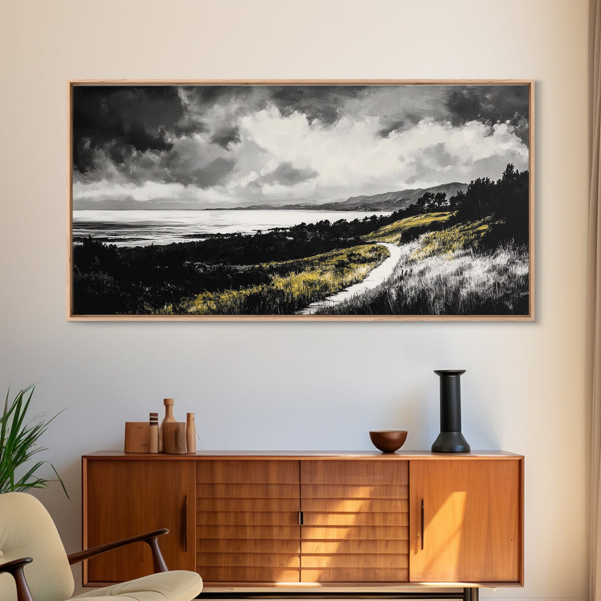 Golden Field, Pathway Landscape, Black and White Art, Moody Sky, Scenic Wall Decor, Office Wall Art, Canvas Print, Minimalist Nature