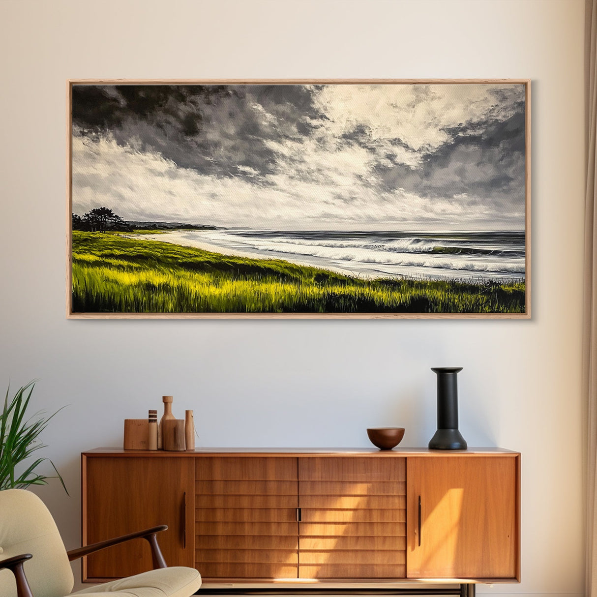Seaside Serenity, Stormy Ocean, Beach Wall Art, Nature Inspired Decor, Moody Coastal Scene, Yellow Grass, Living Room Artwork, Canvas Print