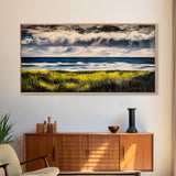 Rain Over Ocean, Blue Seascape, Beach House Decor, Coastal Art, Atmospheric Painting, Nature Inspired, Office Wall Art, Framed Canvas Print