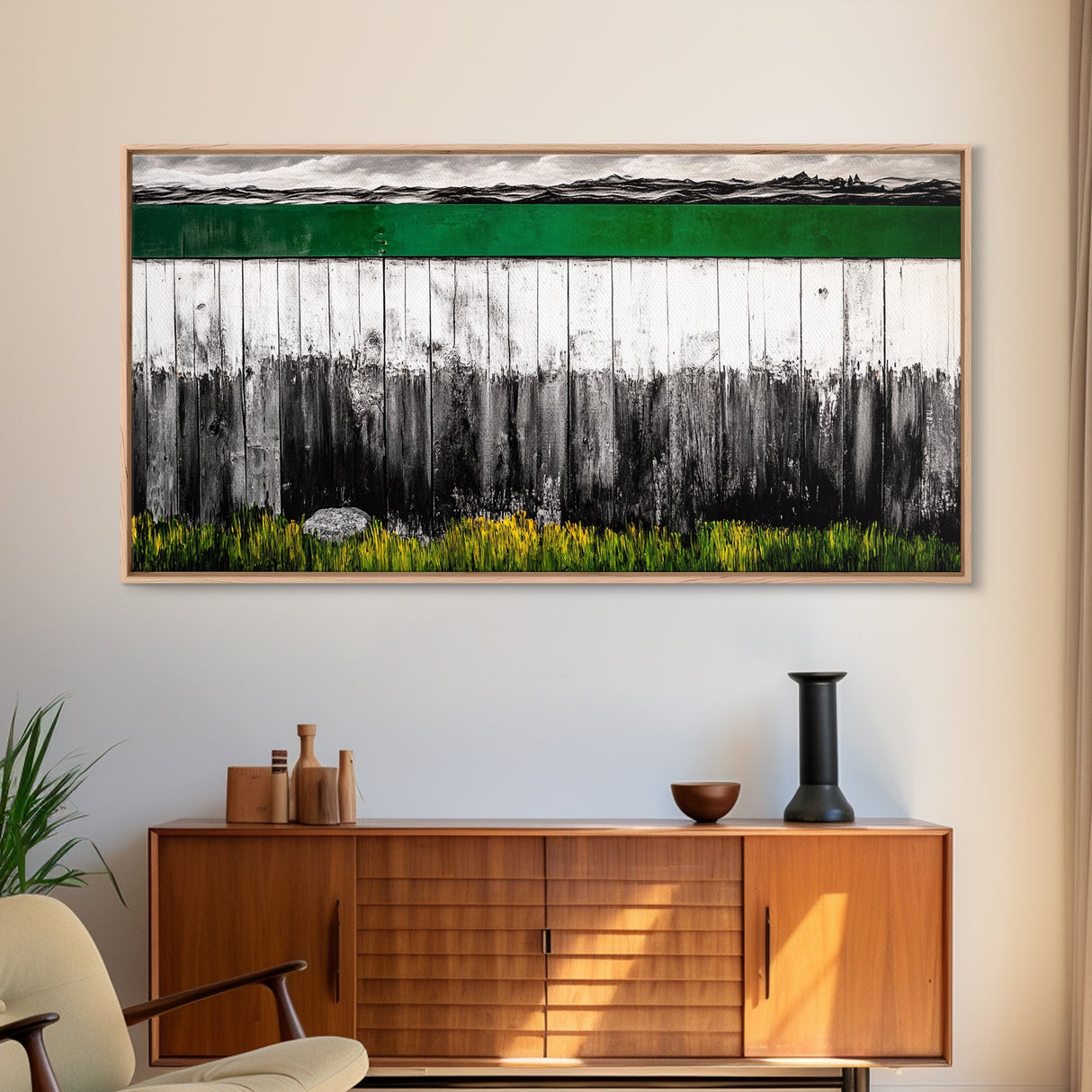 Rustic Fence, Green Landscape, Modern Country Art, Black and White with Color, Nature Inspired, Farmhouse Decor, Serene View, Canvas Print
