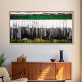 Rustic Fence, Green Landscape, Modern Country Art, Black and White with Color, Nature Inspired, Farmhouse Decor, Serene View, Canvas Print