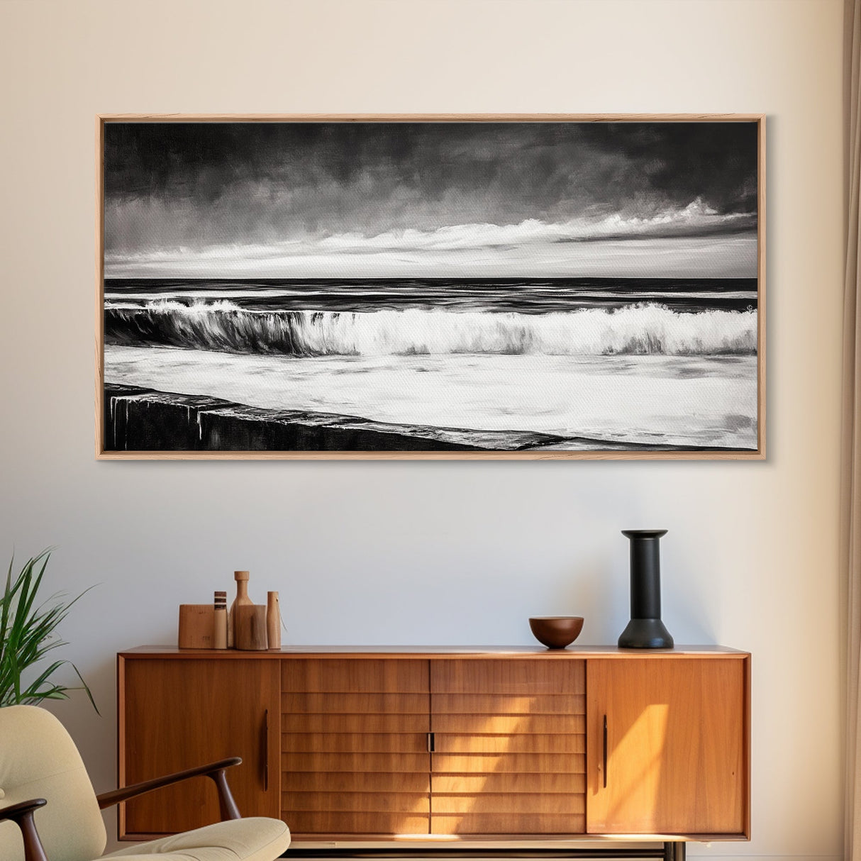 Monochrome Ocean, Rolling Waves, Black and White Beach Art, Framed Canvas Print, Minimalist Seascape, Coastal Wall Decor, Bedroom Art