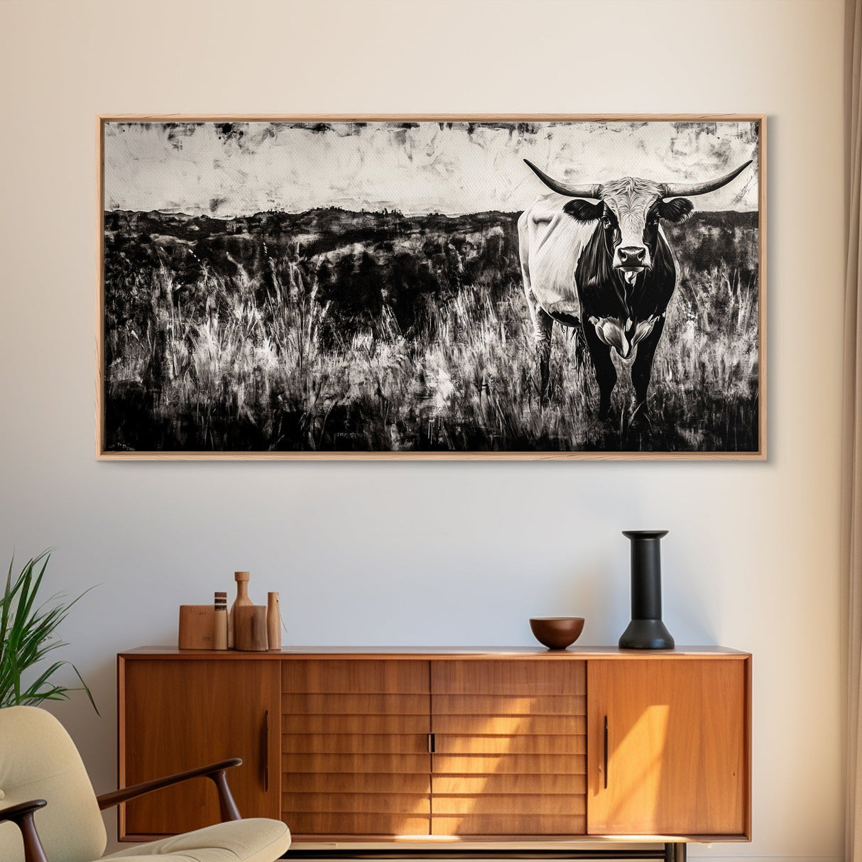 Texas Longhorn, Rustic Farmhouse, Black and White Western Art, Framed Canvas Print, Country Home Decor, Rustic Living Room Wall Art