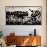 Texas Longhorn, Rustic Farmhouse, Black and White Western Art, Framed Canvas Print, Country Home Decor, Rustic Living Room Wall Art