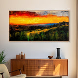Golden Sunset, Rolling Hills, Vibrant Landscape, Canvas Print, Nature Wall Art, Living Room Decor, Warm Autumn Tones, Rustic Artwork
